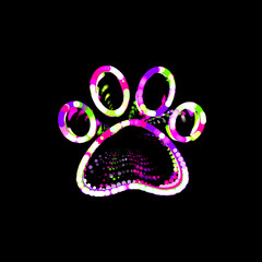 Symbol paw from multi-colored circles and stripes. UFO Green, Purple, Pink