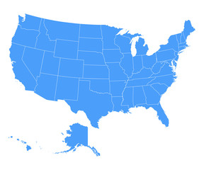 Political map of United States od America, USA. Blue color