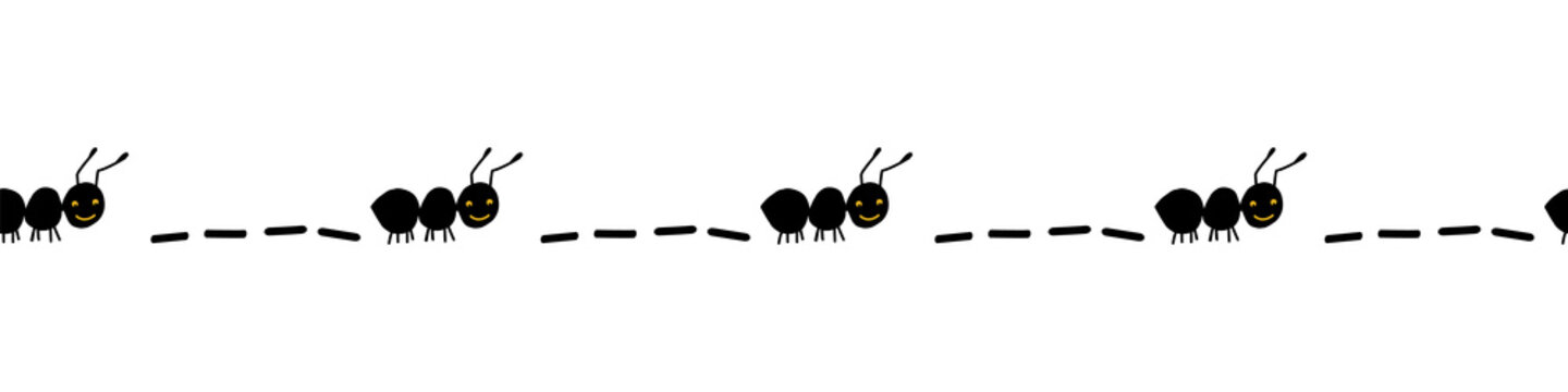 Seamless border with hand drawn ants. Black worker ants marching. Cute ants repeating border. Working team concept. Insects illustration
