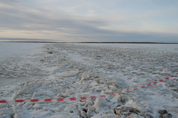 ice crossing in the Delta of the Northern Dvina river, Arkhangelsk oblast, Russia.