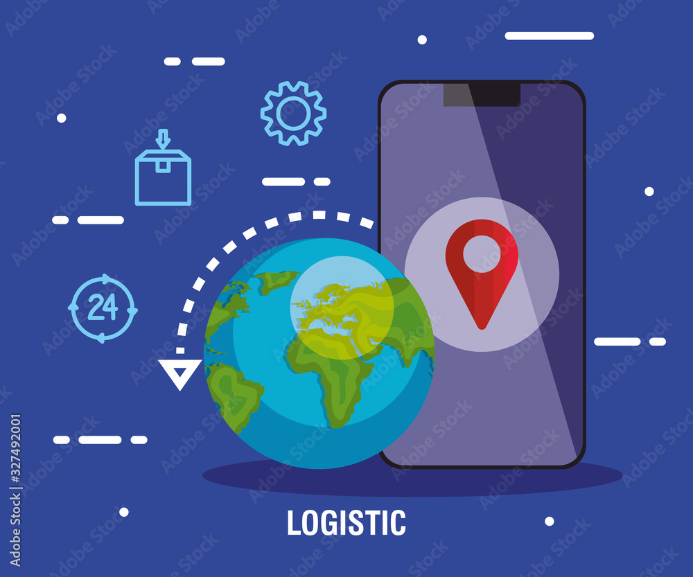 Poster delivery logistic service with smartphone and icons vector illustration design