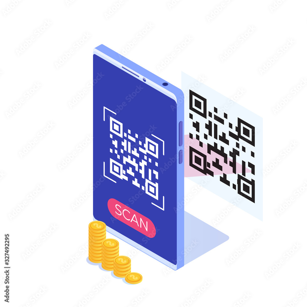 Poster use smartphone for qr code scanning. vector isometric illustration.