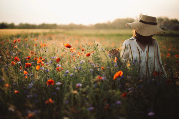 Stylish woman in rustic  dress and hat walking in summer meadow among poppy and wildflowers in sunset light. Atmospheric authentic moment.Copy space. Girl in countryside. Rural slow life.