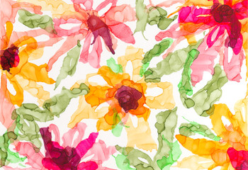Hand painted botanical element background. Alcohol ink technique. Bright flower. Floral details for cards, poster, invitation, advertisement