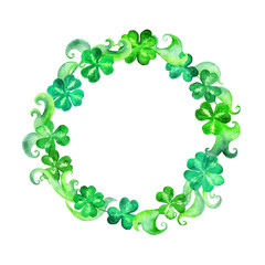 Saint Patrick wreath - trefoil leaves. Watercolor round border