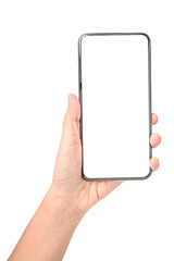 Hand holding phone isolated on white background with clipping path.