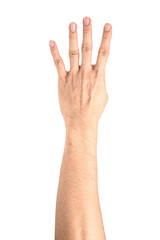 Hand show finger number four isolated on white background with clipping path.