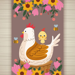 happy easter card with chicken family and flowers in basket