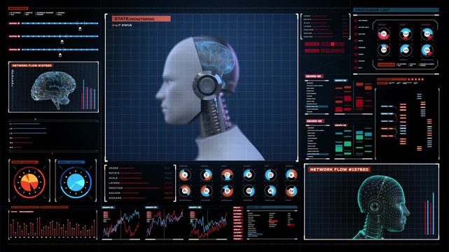 Humanoid robot with an Artificial Intelligence brain, X-ray image with futuristic user interface, 4k animation.