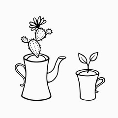 A sprout with two leaves in a tea cup and a blooming cactus in a teapot set. The concept of the  spring. Hand drawn home plants doodle line art. Stock vector illustration isolated on white background.