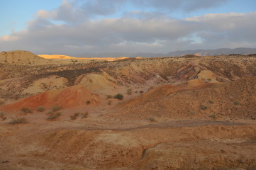 Desert landscape at sunrise. Hiking desert part of Israel National Trail. Negev desert . Valley. Colorful sands 