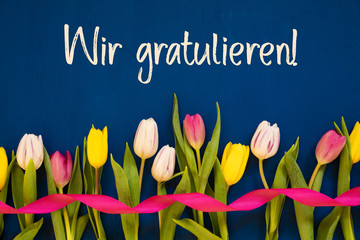 German Text Wir Gratulieren Means Congratulations. White And Pink Tulip Spring Flowers With Ribbon....