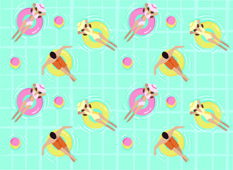 people in the pool, flat pattern of people in the water, lifebuoy, ball