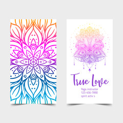 True Love. Yoga studio card design. Colorful template for spiritual retreat or pilates studio. Ornamental banners, oriental pattern over white background. Vector illustration.