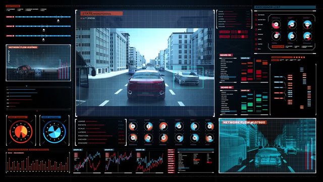 Autonomous car through the city center roads with flying Drone taxi. user interface frame. 4k animation.2.