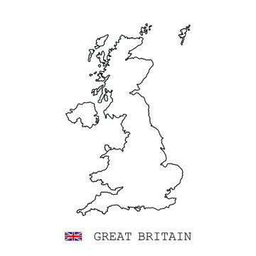 United Kingdom Great Britain map line, linear thin vector. United Kingdom Great Britain simple map and flag.