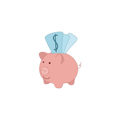 Business or finance saving concept with han piggy bank. Piggy bank with stylized dollar bills.