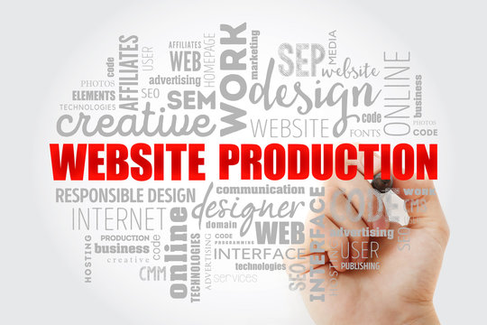 Website production process word cloud, business concept background