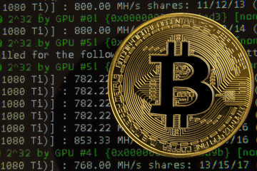 Bitcoin on a hashing equipment screen, showing GPU miners console log output.