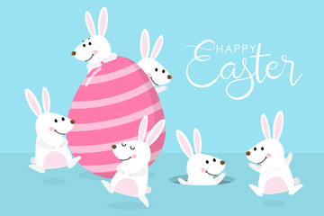 Obraz na płótnie Canvas Happy Easter greeting card with cute white bunny and pink eggs. Welcome spring season with rabbit. Animal wildlife holiday cartoon character. -Vector.