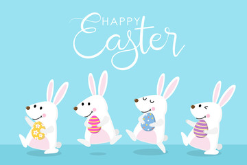 Happy Easter greeting card with cute white bunny and pink eggs. Welcome spring season with rabbit. Animal wildlife holiday cartoon character. -Vector.