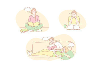 Reading books, study, learning, education set concept. Collection of young man, woman, happy couple in love reading books, study, learning at home. Lifestyle, getting knowledge, educational process.