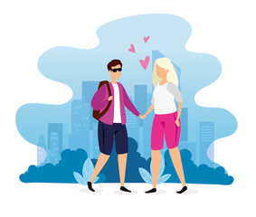 urban scene with young couple vector illustration design