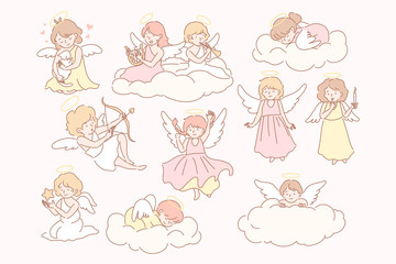 Set of baby angels cupidon concept. Group of little baby, kids with wings on clouds. Collection of happy childs angels with trumpet, bow, arrow, harp, trumpet, star. Valentines day. Simple flat vector