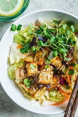 Fried tofu salad with sprouts and sesame seeds in white bowl, top view. Vegan food, asian food concept.