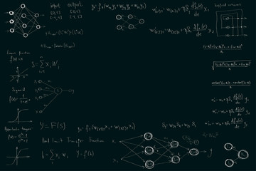 Formulas and diagrams computer science and data science, neural network diagrams and calculation formulas