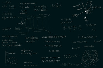 Astronomy and astrophysics, formulas for physics mathematics and astronomy on a dark green chalk Board.
