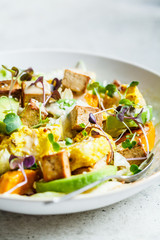 Fried tofu, cauliflower and avocado salad with sprouts. Vegan healthy food concept.