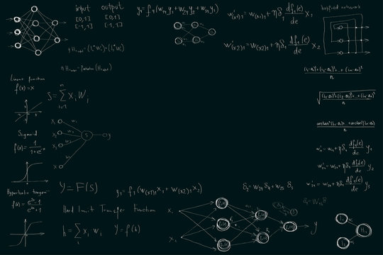 Formulas and diagrams computer science and data science, neural network diagrams and calculation formulas