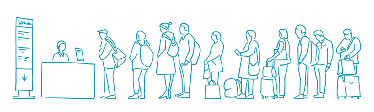 People With Bags Stand In Line. Queue. Registration For The Plane. Departure Of Travelers. Contour Sketch Hand Drawn Blue Line Vector.