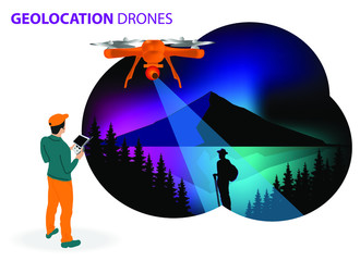Drone or quadcopter for geolocation. Drone fly over the landscape and makes the search for the lost. Hands controlling the drone via laptop.