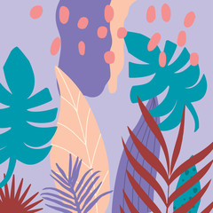 Colorful flowers and leaves poster background vector illustration. Exotic plants, branches, flowers and leaves art print for beauty, fashion and natural products, spa and wellness, wedding and events