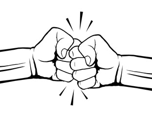 Hand drawn of two fists bumping together. Teamwork, partnership, friendship, passion or conflict, confrontation, resistance, competition, struggle. Vector illustration