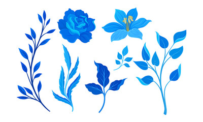 Blue Full-blown Flowers and Twigs Decorative Elements Vector Set