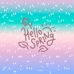 Hello spring. Greeting card with simple flower, leaves and sun. Vector illustration