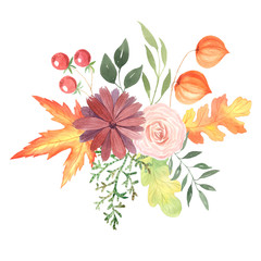 Watercolor autumn leaves, florals and berries