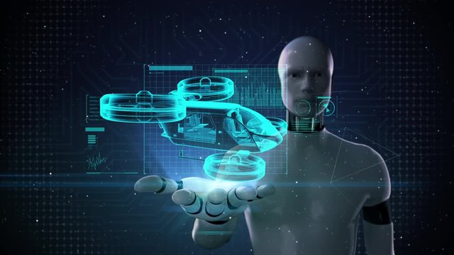 Robot, cyborg opens palms, Autonomous drone taxi, x-ray image. Drone plane. 4k animation.