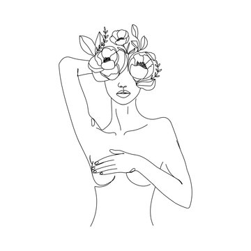 Trendy abstract one line woman body with flowers and leaves. Girl covering her nude breast. Continuous line print for textile, poster, card, t-shirt etc. Vector fashion illustration.