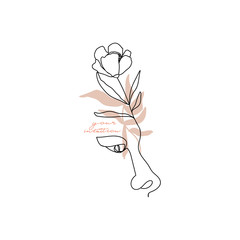 Trendy one line woman face with flower and leaves. Fashion typography slogan design "your intuition" sign. Continuous line print for poster, card, t-shirt etc. Vector illustration on white background.