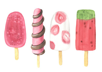 Set of watercolor fruit ice cream on stick