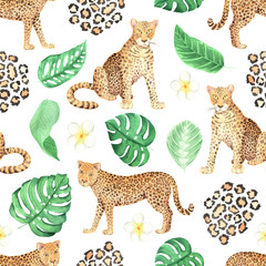 Watercolor seamless pattern with jungle leopard animals