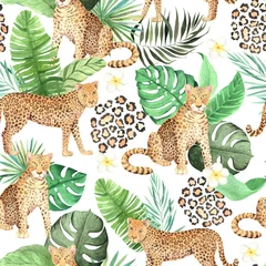 Behang Tropische print Aquarel naadloos patroon met jungleluipaarddieren