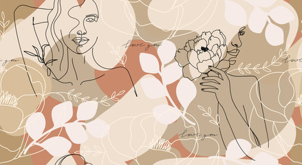 Terrakotta-Mode abstrakte nahtlose Muster. Eine Linie durchgehender Frauenkörper, Blumen, Blätter und verschiedene trendige Formen. Textur für Verpackungen, Geschenkpapier usw. Vektor-Illustration.