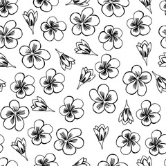 Seamless vector pattern of frangipani flowers. Black and white plumeria Illustration in doodle skandinavian style. Cute background for textile or cover print.