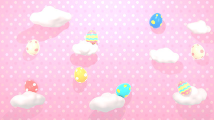 Cute decorated eggs and white clouds on pink dots pattern background. 3d rendering picture.