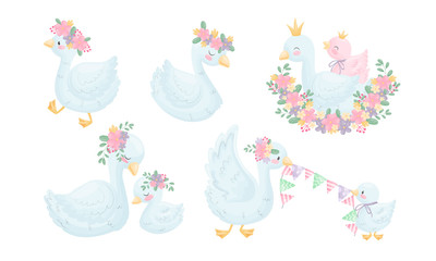 Cartoon Goose Character with Golden Crown and Floral Wreath Sleeping and Sitting with Its Gosling Vector Set